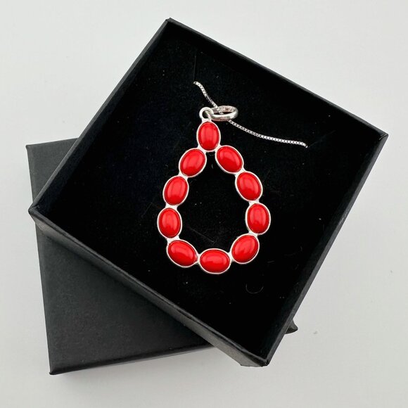 Modern 8.5 ct Red Coral Bold Teardrop Pendant - 24" Sterling Silver Chain - Picture 7 of 7